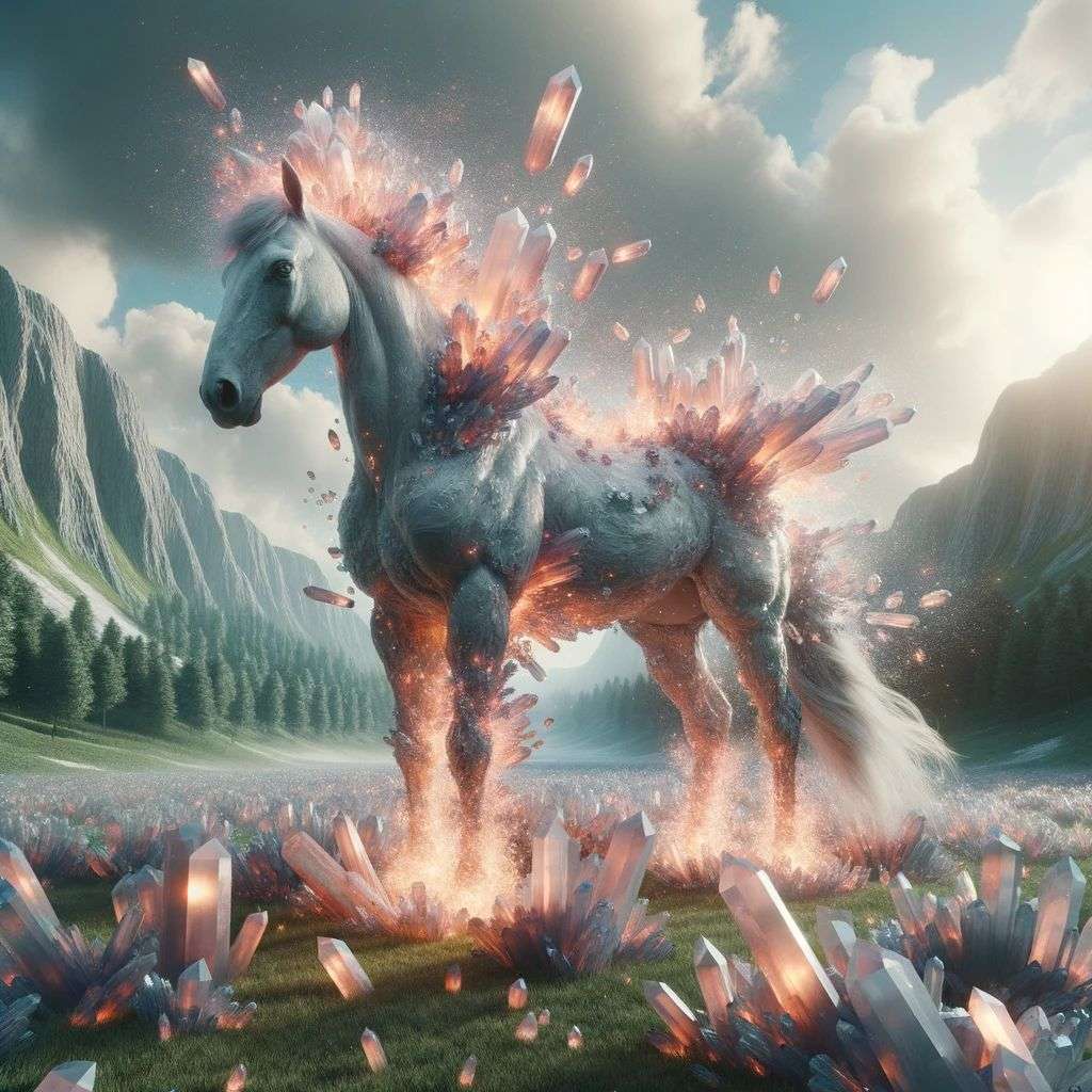 a horse, covered in exploding crystals